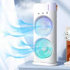 Double Ended Spray Fan, 10W/5V/2.0AMP, 3 Gears USB Rechargeable Mini Desktop Table Cooling Fan with LED Light Cooler, Touch & Remote Control, White