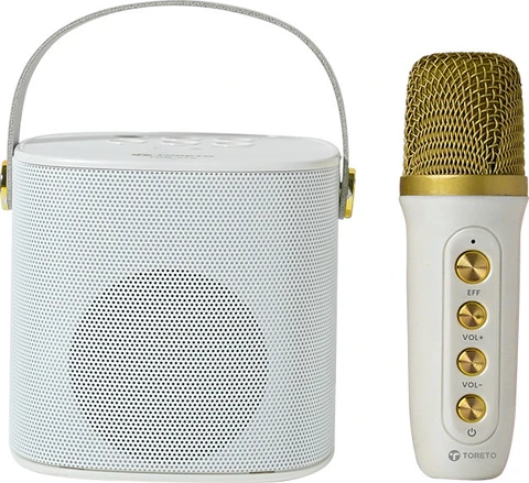 Toreto Wireless Bluetooth Speaker 10W with Wireless Karaoke Mic, 6H Playtime, Voice Changing Feature, Deep Bass, USB, AUX, BT5.3/TF Card, Outdoor Speaker with Carrying Strap (Jukebox, White)